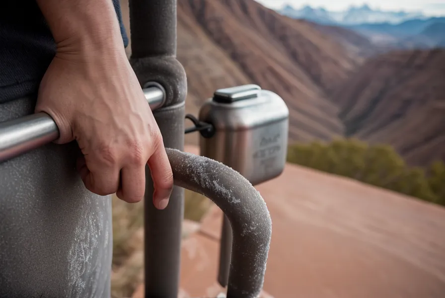 Primer plano de una mano agarrando una barra de metal fría durante un entrenamiento de calistenia en altura en Cusco, con vapor de aliento visible.