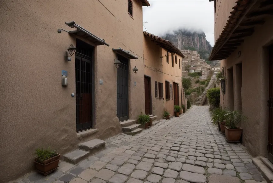 Calle empinada de adoquines en Cusco subiendo hacia las ruinas incas en las afueras de la ciudad.