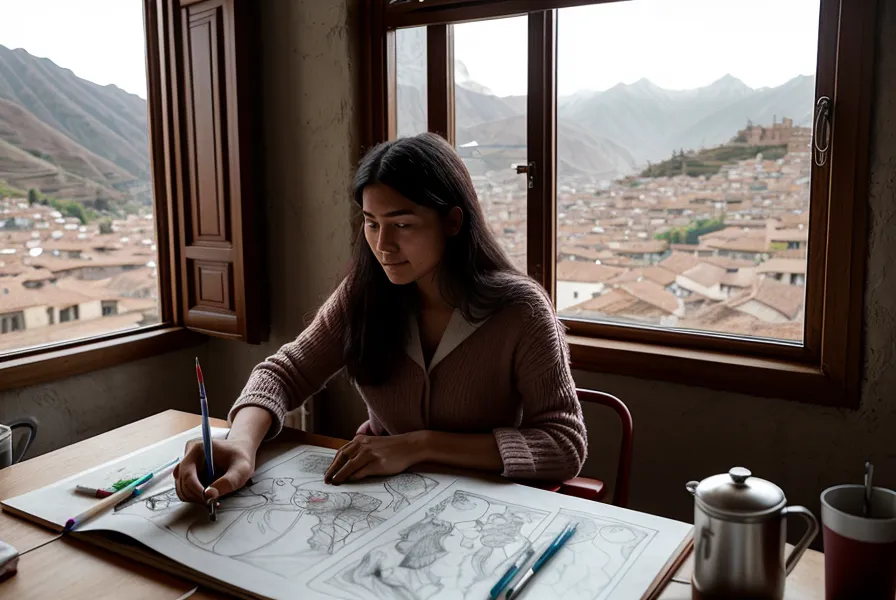 Milagros dibujando en su escritorio con una postura mejorada gracias al control abdominal