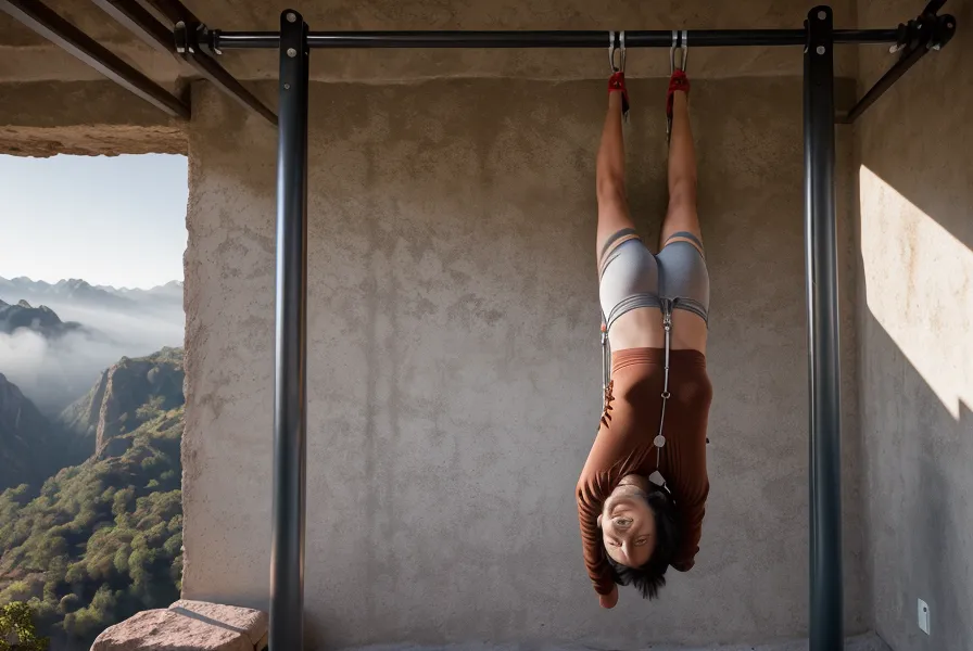 Mujer realizando la progresión tuck lever en una barra de parque bajo el frío