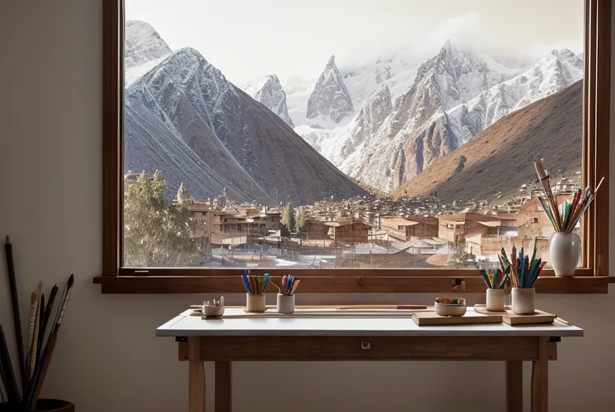 Escritorio de dibujo en Cusco con vista a las montañas al atardecer